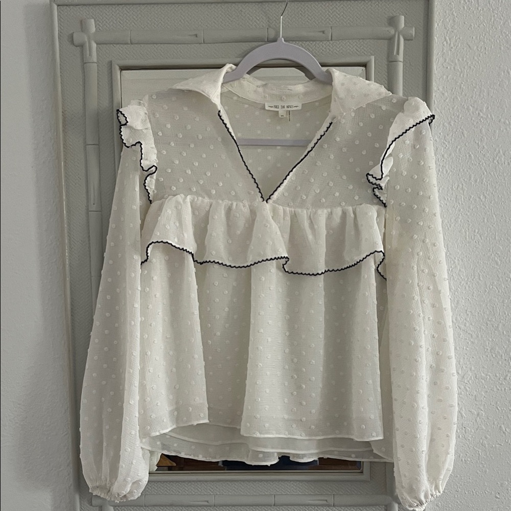 White Polka Dot Blouse with Ruffle Trim